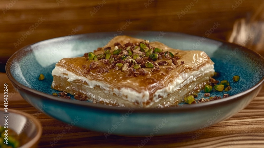 a slice of baklava, a dessert with dough and syrup, Turkish dessert a slice of baklava, a dessert with dough and syrup, Turkish dessert