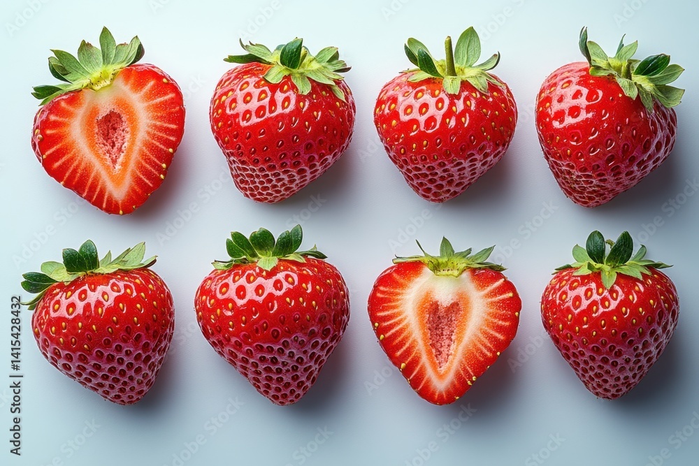 Vibrant red strawberries, some sliced, arranged in a neat row on a clean, white surface, perfect. Vibrant red strawberries, some sliced, arranged in a neat row on a clean, white surface, perfect.