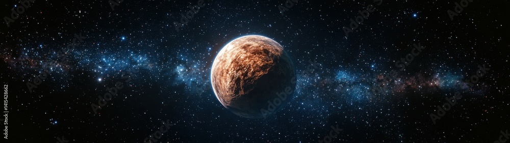 Obraz premium A vibrant planet shines against a breathtaking panorama of the vast, starry cosmos in deep space.