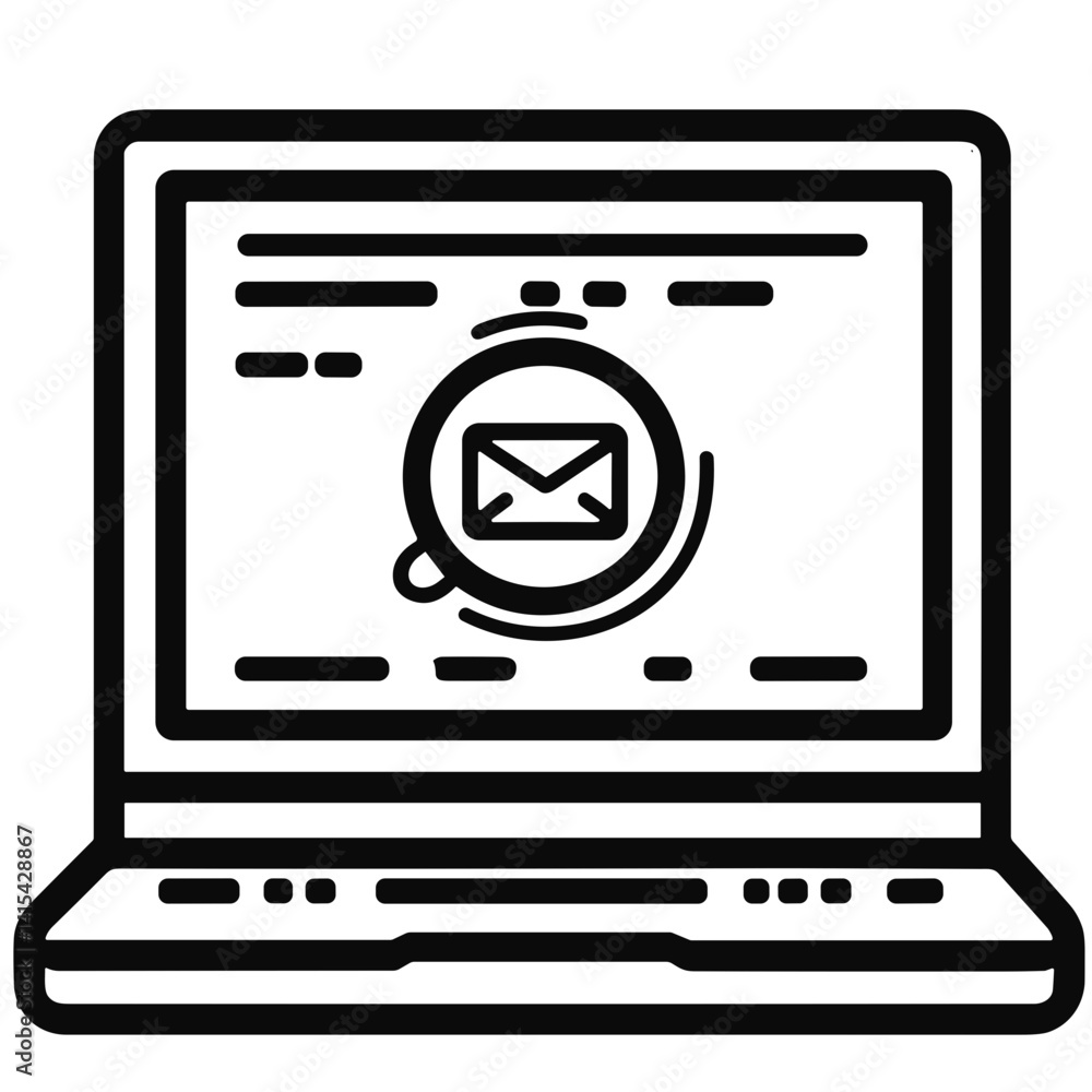 Laptop icon, digital communication mood, email search, black and white design, copy space
