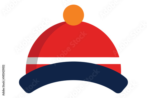 Illustration of a winter hat with red, white, navy and orange colors
