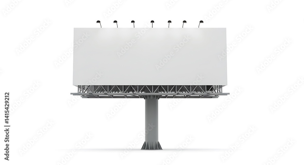 Fototapeta premium Blank billboard on a single pole, illuminated, isolated on white, frontal view.