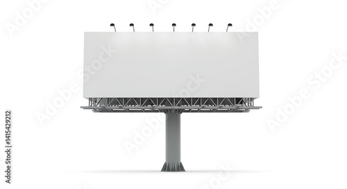 Blank billboard on a single pole, illuminated, isolated on white, frontal view.