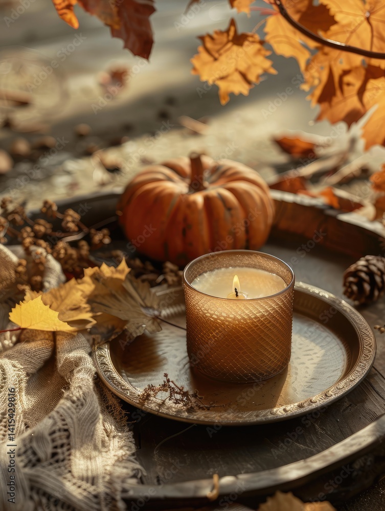 Autumnal display with candle and pumpkin Autumnal display with candle and pumpkin