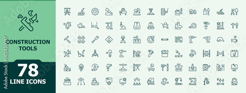 Construction Tools icon set. Includes symbols for house, paint, plumbing, mechanic, work and more. Minimal thin line web icons set. Machinery vector line icon set. Vector illustration.