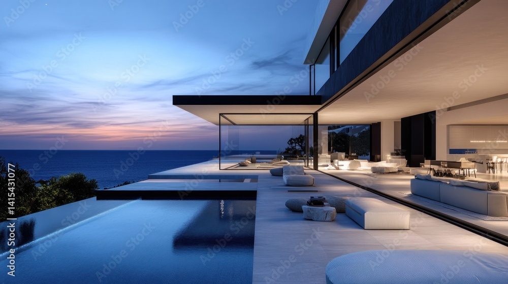 Fototapeta premium Modern villa with infinity pool at sunset over ocean