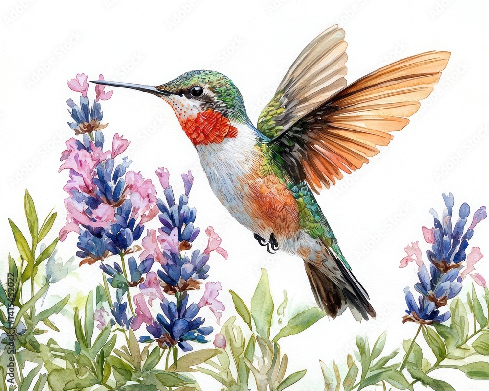Fototapeta premium Vibrant hummingbird hovering near colorful flowers in a serene garden setting