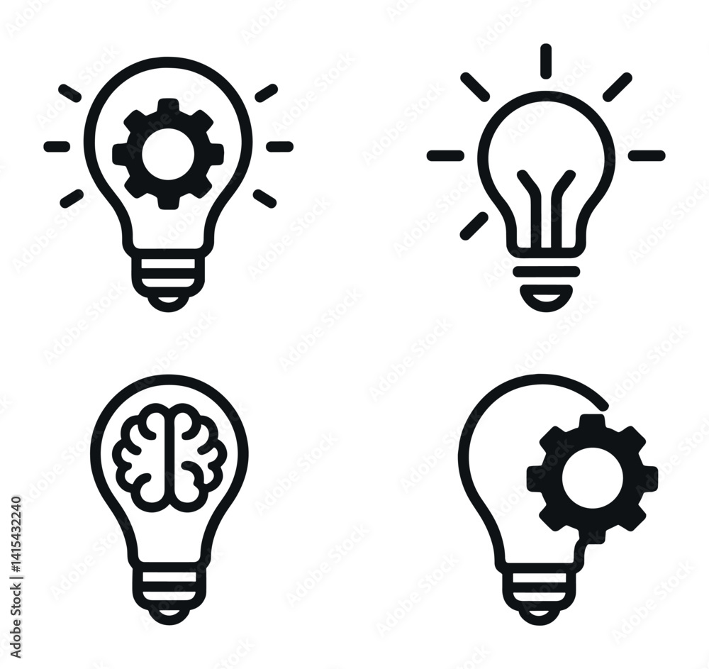 Creative thinking icons set - brainstorm, innovation, idea, gear in linear style Creative thinking icons set - brainstorm, innovation, idea, gear in linear style