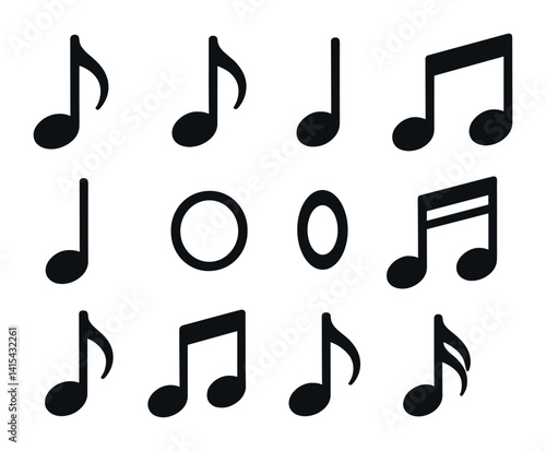 Music note icons set: 12 simple linear designs