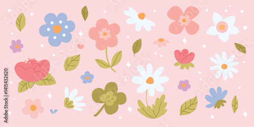 Wallpaper Mural floral set with cute cartoon flowers and leaves on a soft pink background perfect for spring and summer designs Torontodigital.ca
