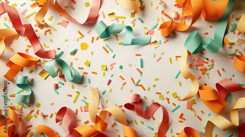 Festive confetti and curled ribbons celebrating a joyous occasion vibrant pastel colors with a bright white background creating a cheerful and celebratory mood