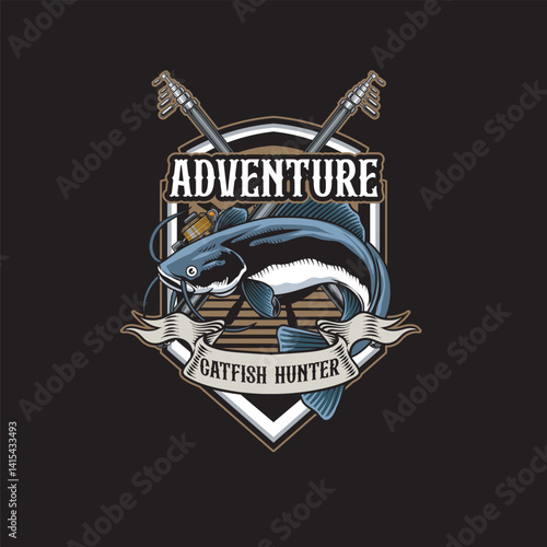 Vector Illustration of Catfish and Fishing Rod with Vintage Retro Illustration Available for Logo Badge