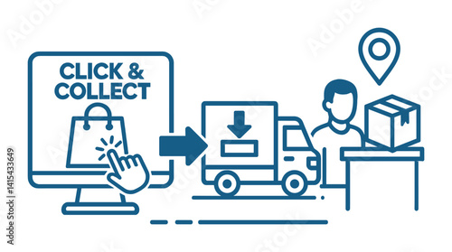 Click and collect icons set: seamless shopping and delivery concept in linear style