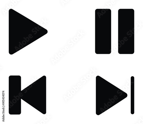 Minimalist media player icon set: essential play, pause, stop, skip controls in flat style