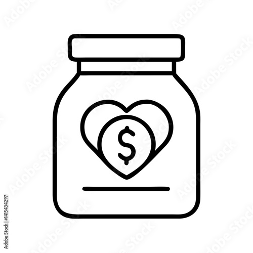 Donation jar with heart and dollar sign vector icon for charity and fundraising campaign design
