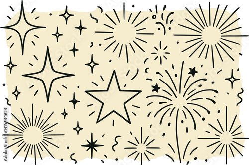Celebration icon set: hand-drawn linear style fireworks, stars, and sparklers