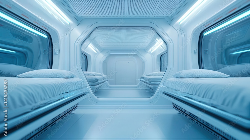 Obraz premium Capsule rooms with floating levitation technology, scifi antigravity sleep pod