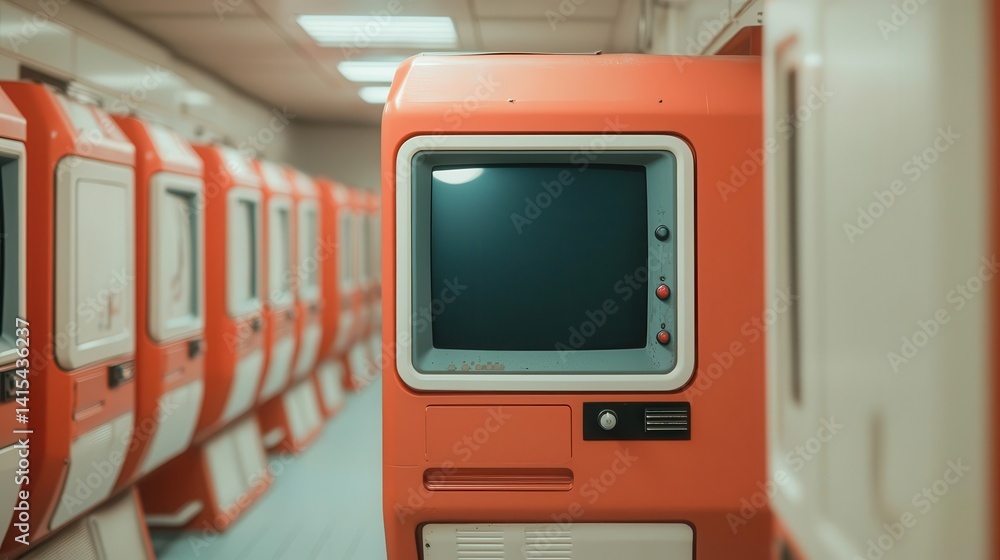 Capsule hotel designed like old arcade machines, retro gaming theme Capsule hotel designed like old arcade machines, retro gaming theme