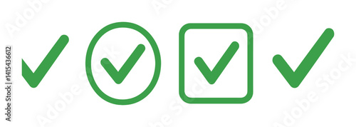 Green checkmark icons set: collection of tick symbols in 3d style