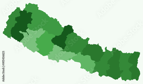 Map of Nepal with regions. A simple country border map with region division. Green color palette. Plain Nepal shape with administrative division. Vector illustration.