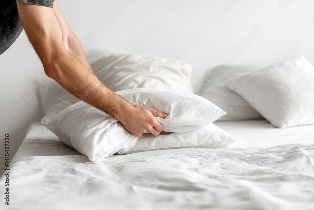 Bed Making Ritual: A person meticulously arranges pillows on a freshly made bed, highlighting the simple comfort and domestic serenity of daily rituals. Bed Making Ritual: A person meticulously arranges pillows on a freshly made bed, highlighting the simple comfort and domestic serenity of daily rituals.