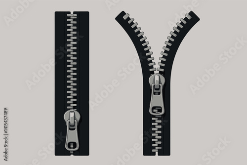 Zipper icons set: flat design with closed and open styles