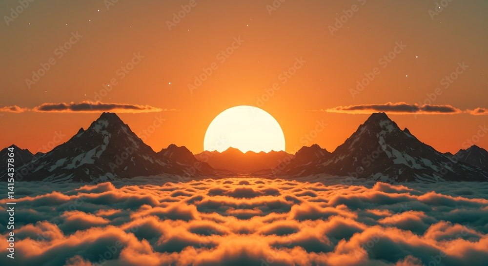 Sunset Over Mountains with Clouds, Fantasy Landscape Sunset Over Mountains with Clouds, Fantasy Landscape