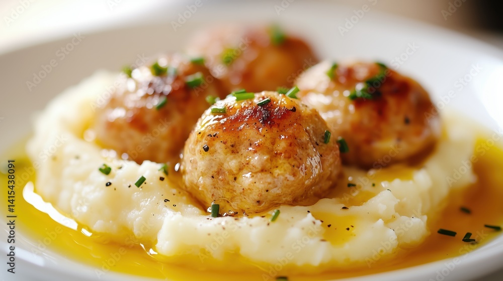 Meatballs, mashed potatoes, gravy, comfort food, delicious meal, homemade cooking elevate dining experience at family dinner Meatballs, mashed potatoes, gravy, comfort food, delicious meal, homemade cooking elevate dining experience at family dinner