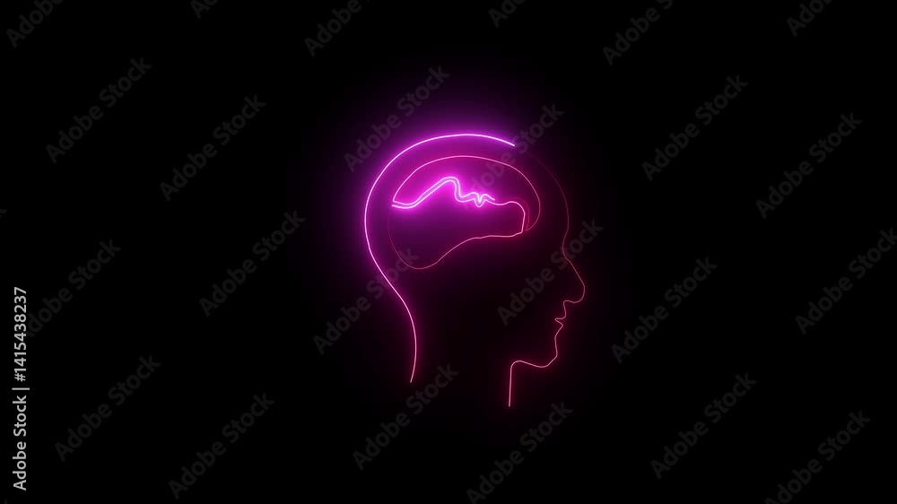 glowing neon human head with brain icon animation with black background. Neon Brain Icon, glowing neon human head with brain icon animation with black background. Neon Brain Icon,