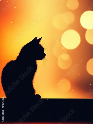 Silhouette of a Cat Against a Warm, Blurred Background with Soft Bokeh Lights