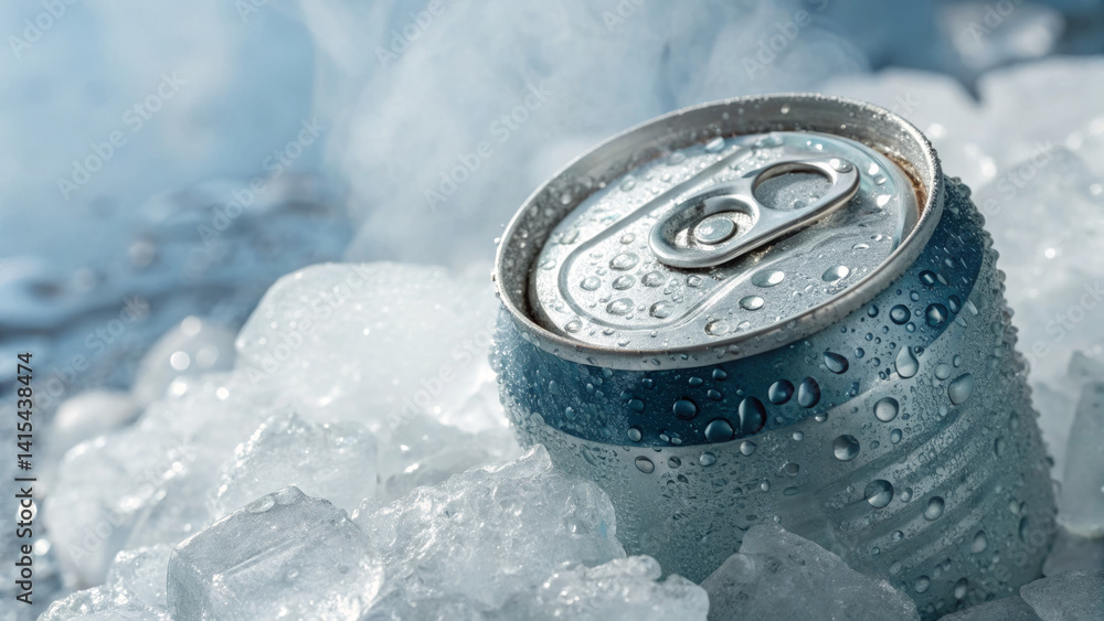 A can of a refreshing drink is nestled among ice cubes, covered in droplets of water, highlighting a perfect moment for enjoying a cold beverage A can of a refreshing drink is nestled among ice cubes, covered in droplets of water, highlighting a perfect moment for enjoying a cold beverage