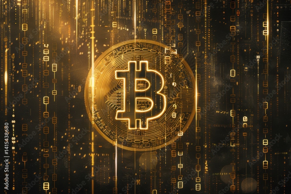 Bitcoin and stock market visualization with digital dollar figures. Elegant design featuring gold coin and futuristic elements Bitcoin and stock market visualization with digital dollar figures. Elegant design featuring gold coin and futuristic elements