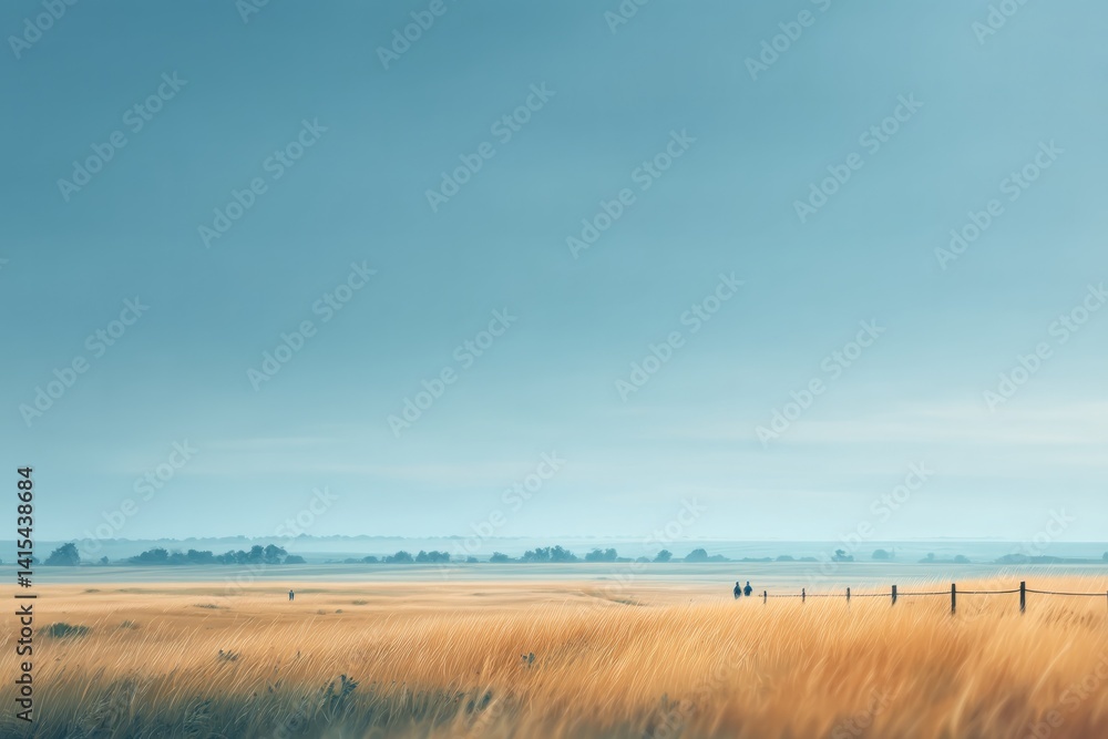 Fototapeta premium serene rural landscape with blurred figures in background existing in their peaceful life routine