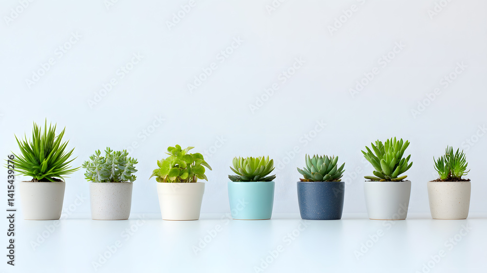row of small houseplants in decorative pots displayed on white surface, creating serene and minimalist aesthetic row of small houseplants in decorative pots displayed on white surface, creating serene and minimalist aesthetic