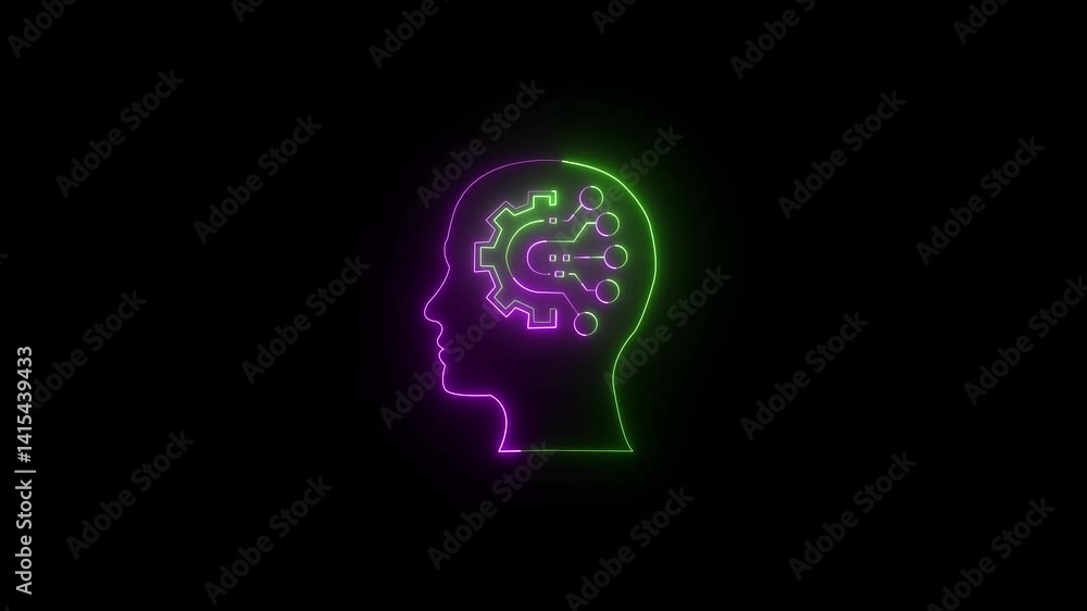Neon AI and Technology Concept Head with Circuitry and Gear ... Neon AI and Technology Concept Head with Circuitry and Gear ...