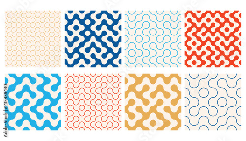 Truchet thin line and filled round shapes seamless pattern collection. Contemporary style geometric mosaic patterns with rounded lines. Modern tilt mosaic background set.