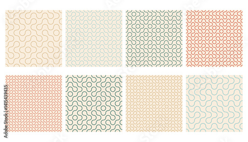 Truchet thin line round shapes seamless pattern collection. Modern style outline geometric mosaic patterns with rounded lines. Contemporary tilt infinity mosaic background set.