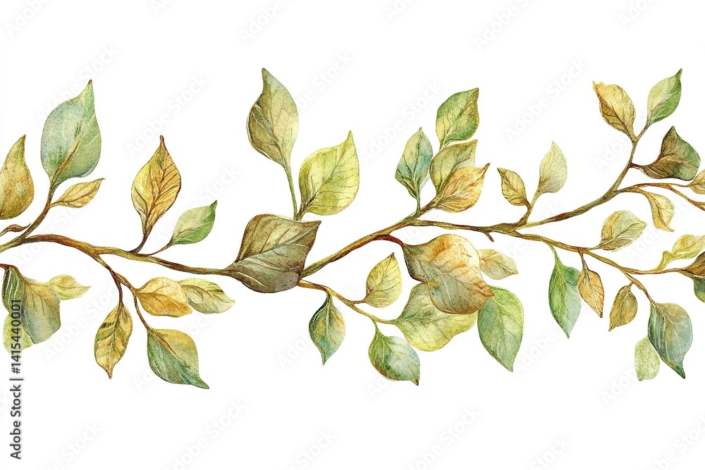 Fototapeta premium Watercolor seamless border - illustration with green gold leaves and branches, for wedding stationary, greetings, wallpapers, fashion, backgrounds, textures, DIY, wrappers