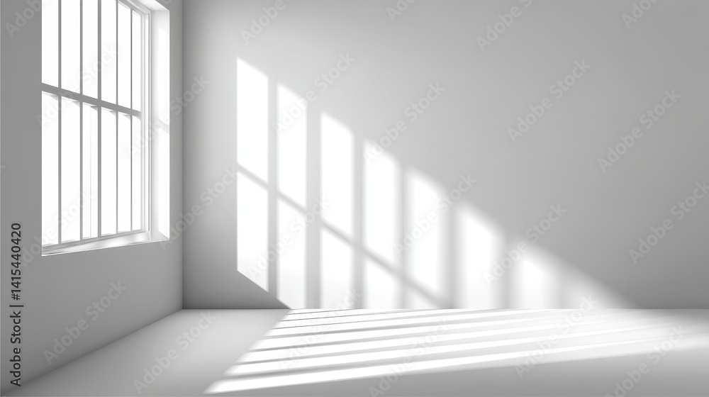 Obraz premium Sunlight Shadow Overlay on White Wall - Minimalist room, sunlight, shadow, white wall, window. Symbolizing serenity, simplicity, light, space, and new beginnings