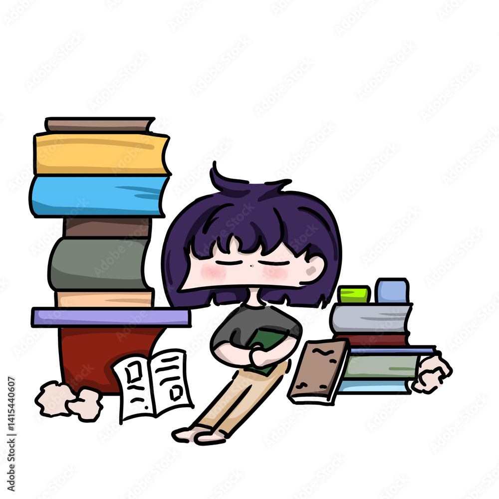 illustration of the girl reads books