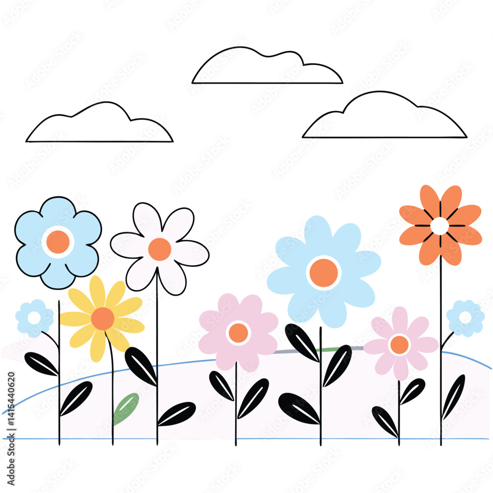 Fototapeta premium Vibrant Wildflower Meadow Illustration with Mountain Backdrop