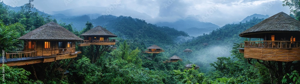 Treehouse villas are nestled among lush green trees in a misty, remote, tropical rainforest. Treehouse villas are nestled among lush green trees in a misty, remote, tropical rainforest.