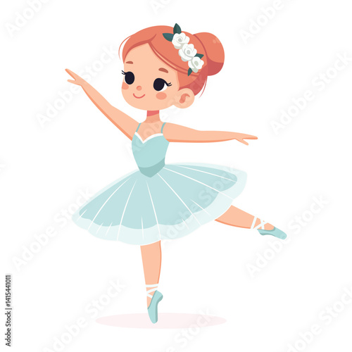 Pretty and gentle ballerina girl in dress dancing on white background. Poster, Banner, Flyer, Greeting Card. Vector illustration in flat cartoon style