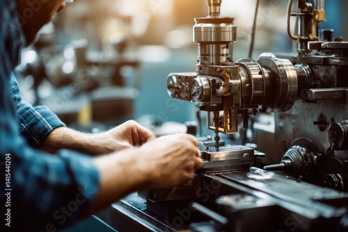 Wallpaper Mural Precision Engineering: A skilled worker's hands meticulously operate a powerful industrial lathe, showcasing the precision and expertise required in modern manufacturing. Torontodigital.ca