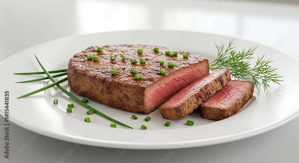 A beautifully presented cooked steak, sliced and arranged on a white plate A beautifully presented cooked steak, sliced and arranged on a white plate