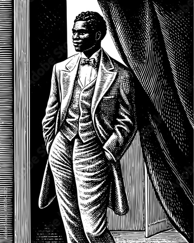 A poised man in a classic three-piece suit stands by parted curtains.  
His confident stance and sharp attire radiate elegance and authority.