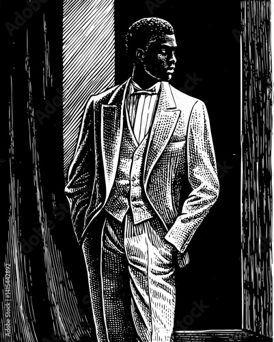 A sharply dressed man gazes to the side, partially illuminated by light.  
His confident stance and tailored suit evoke timeless elegance.