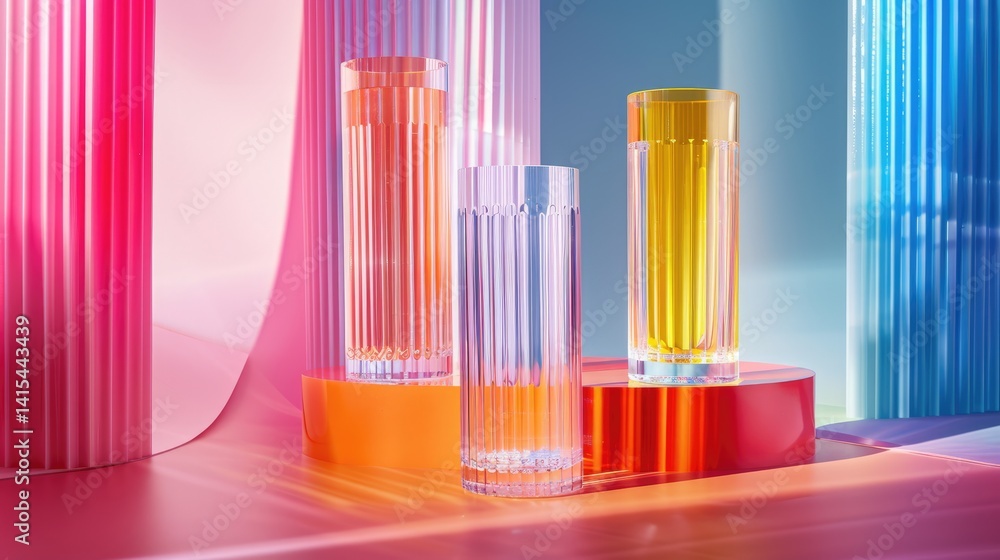 Obraz premium Colorful glassware arranged artistically on a vibrant background, showcasing reflections and light play
