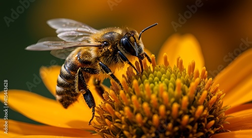 Wallpaper Mural A close-up of a honey bee collecting pollen from a yellow flower, with a blurred green background. The bee's intricate body and wings are highlighted, showcasing the beauty of nature. Torontodigital.ca