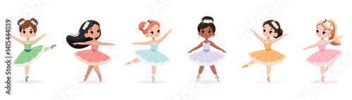 Set of different international ballerina girls in colorful dress dancing on white background. Poster, Banner, Flyer, Greeting Card. Vector illustration in flat cartoon style